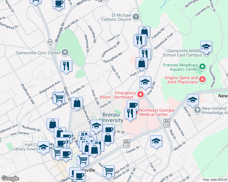 map of restaurants, bars, coffee shops, grocery stores, and more near 927 Perry Street in Gainesville