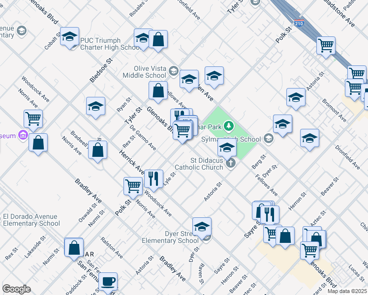 map of restaurants, bars, coffee shops, grocery stores, and more near 14550 Polk Street in Los Angeles