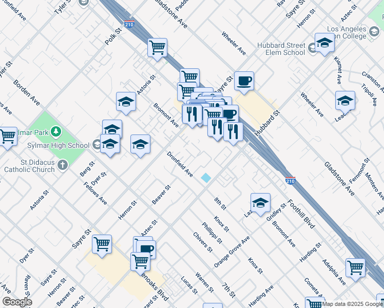 map of restaurants, bars, coffee shops, grocery stores, and more near 13825 Beaver Street in Los Angeles