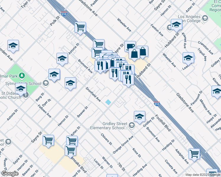 map of restaurants, bars, coffee shops, grocery stores, and more near 13710 Foothill Boulevard in Los Angeles