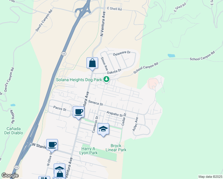 map of restaurants, bars, coffee shops, grocery stores, and more near 358 Chickasaw Street in Ventura