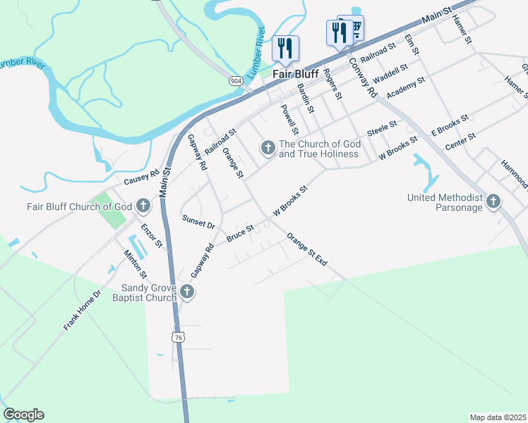 map of restaurants, bars, coffee shops, grocery stores, and more near 395 Orange Street in Fair Bluff
