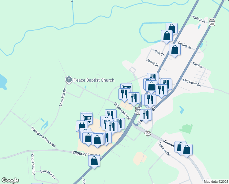 map of restaurants, bars, coffee shops, grocery stores, and more near 104 Copperstone Ln in Whiteville