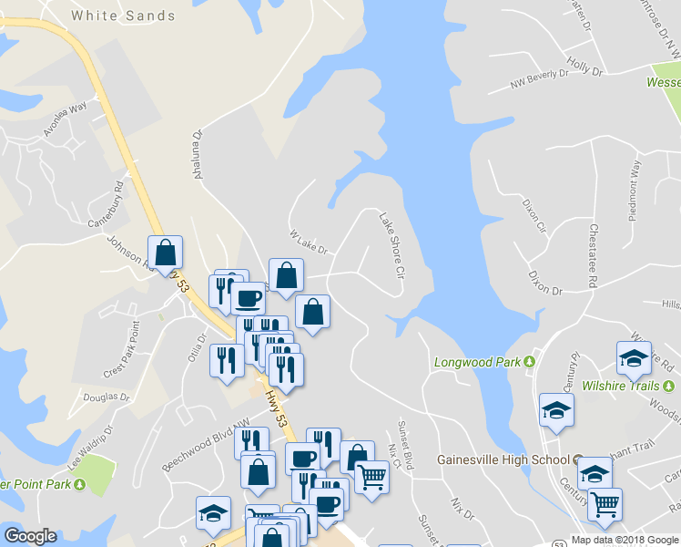 map of restaurants, bars, coffee shops, grocery stores, and more near 1426 Lake Shore Circle in Gainesville