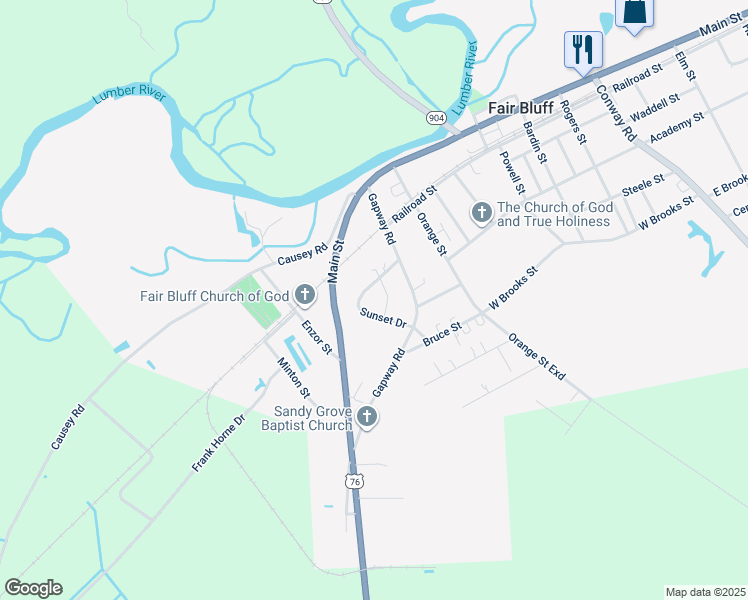 map of restaurants, bars, coffee shops, grocery stores, and more near 163 Sunset Drive in Fair Bluff