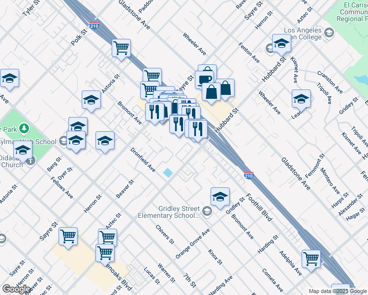 map of restaurants, bars, coffee shops, grocery stores, and more near 13701 Hubbard Street in Los Angeles