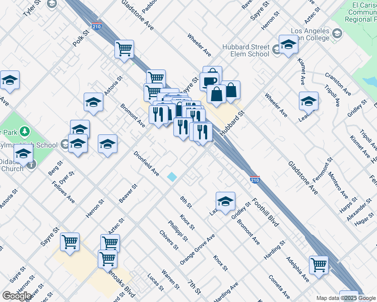 map of restaurants, bars, coffee shops, grocery stores, and more near 13701 Hubbard Street in Los Angeles