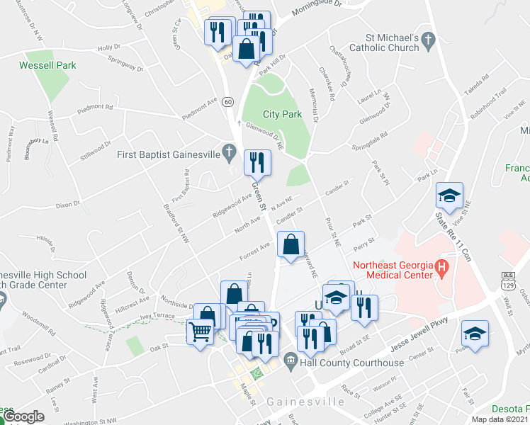 map of restaurants, bars, coffee shops, grocery stores, and more near 601 Green Street in Gainesville