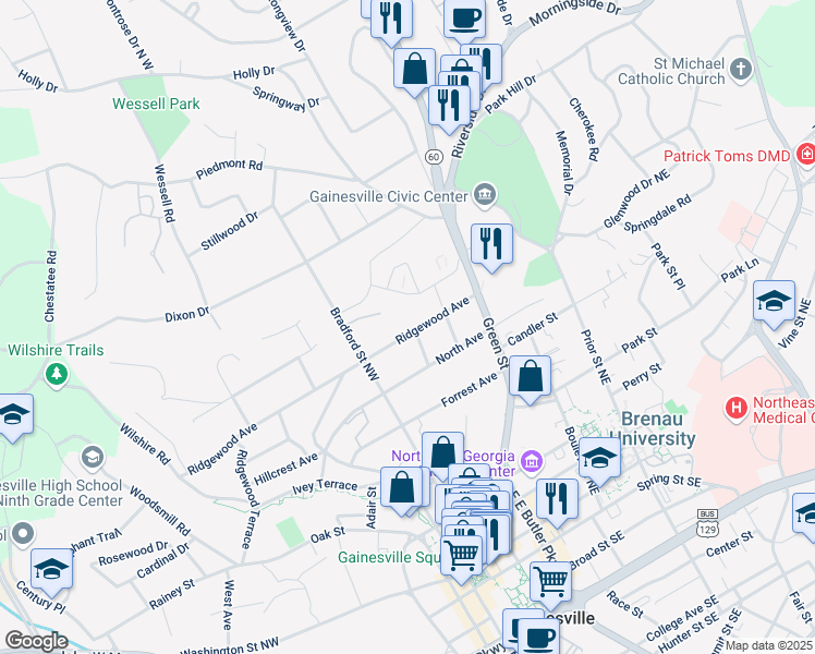 map of restaurants, bars, coffee shops, grocery stores, and more near 300 Ridgewood Avenue in Gainesville