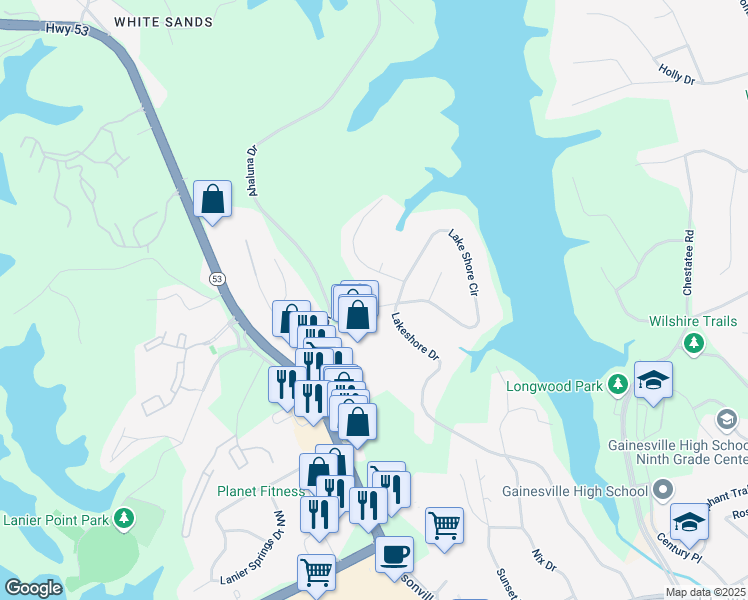 map of restaurants, bars, coffee shops, grocery stores, and more near 1179 Lakeshore Circle in Gainesville