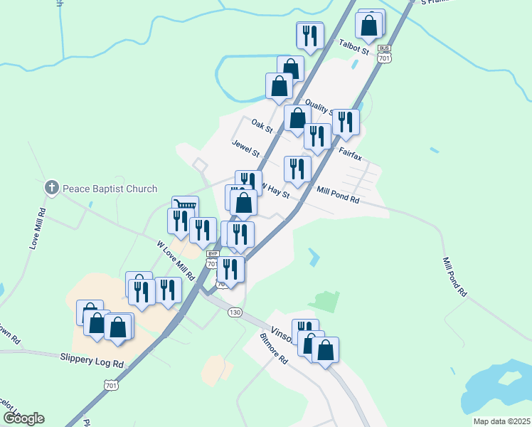 map of restaurants, bars, coffee shops, grocery stores, and more near 108 Radio Station Road in Whiteville