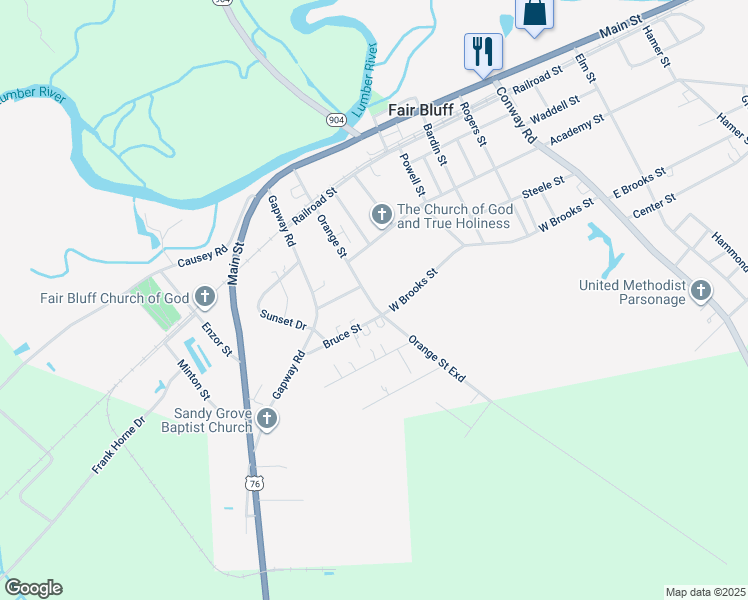 map of restaurants, bars, coffee shops, grocery stores, and more near 395 Orange Street in Fair Bluff