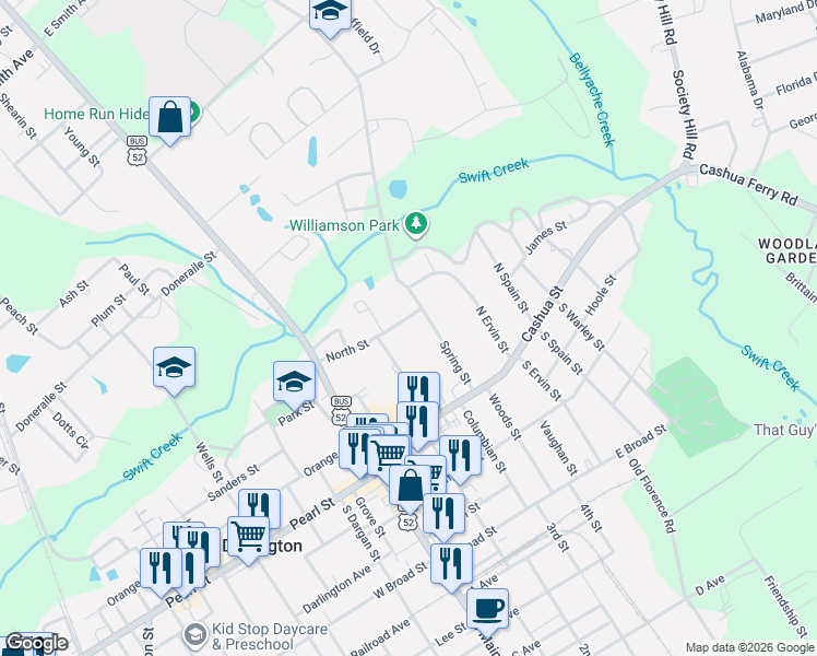 map of restaurants, bars, coffee shops, grocery stores, and more near 140 North Street in Darlington