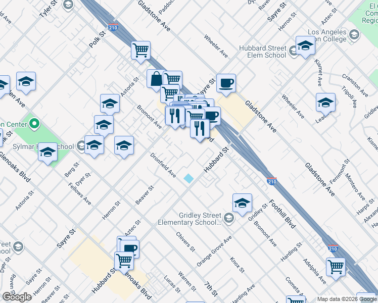 map of restaurants, bars, coffee shops, grocery stores, and more near 13710 Foothill Boulevard in Los Angeles