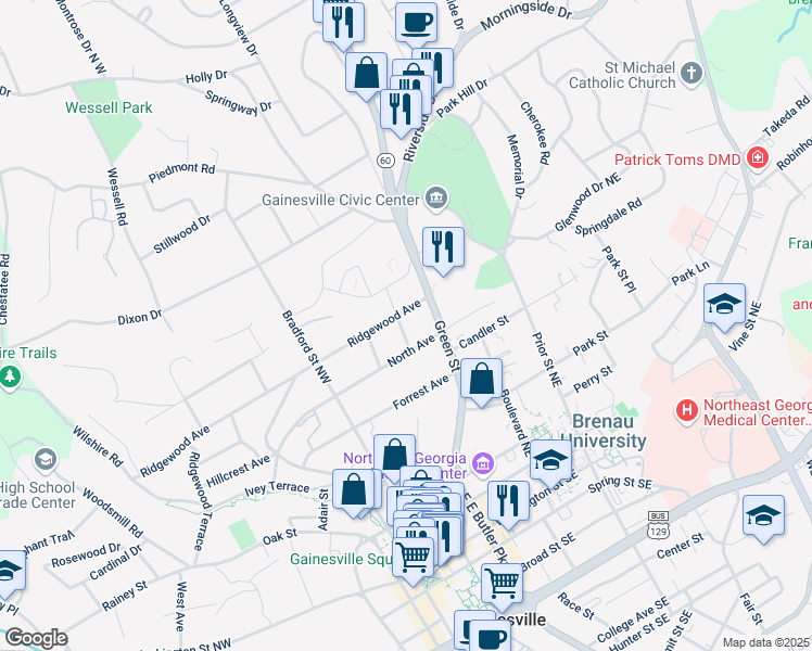 map of restaurants, bars, coffee shops, grocery stores, and more near 635 Green Street Northeast in Gainesville