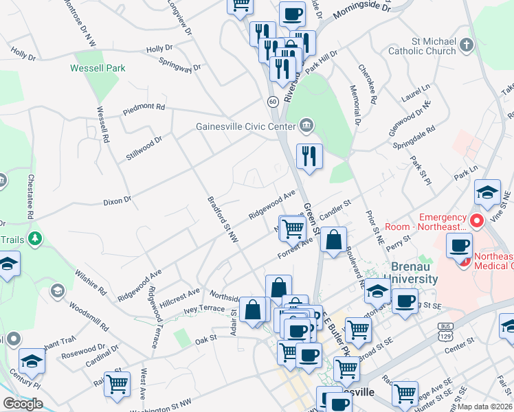 map of restaurants, bars, coffee shops, grocery stores, and more near 729 Simmons Street in Gainesville