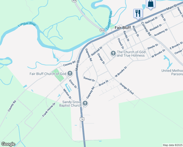 map of restaurants, bars, coffee shops, grocery stores, and more near 67 Lakeside Drive in Fair Bluff