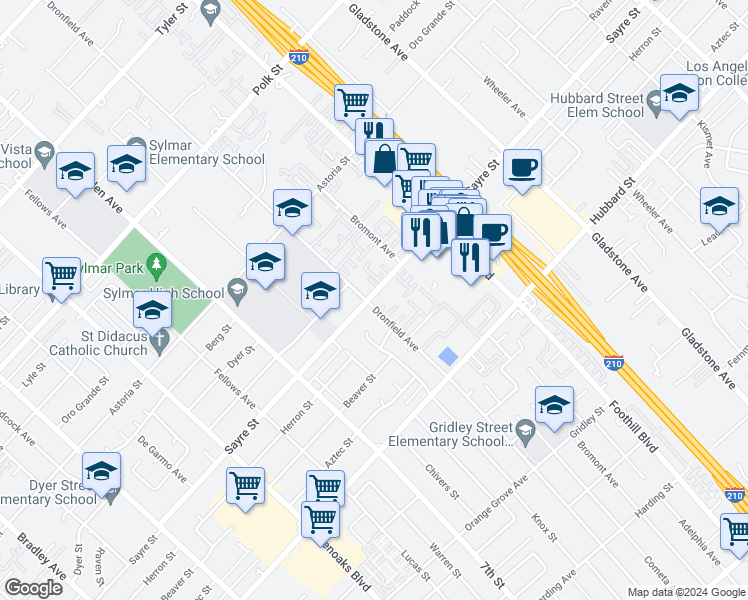 map of restaurants, bars, coffee shops, grocery stores, and more near 13922 Sayre Street in Los Angeles