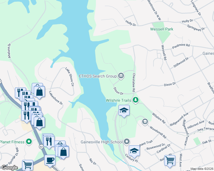 map of restaurants, bars, coffee shops, grocery stores, and more near 1119 Dixon Drive in Gainesville