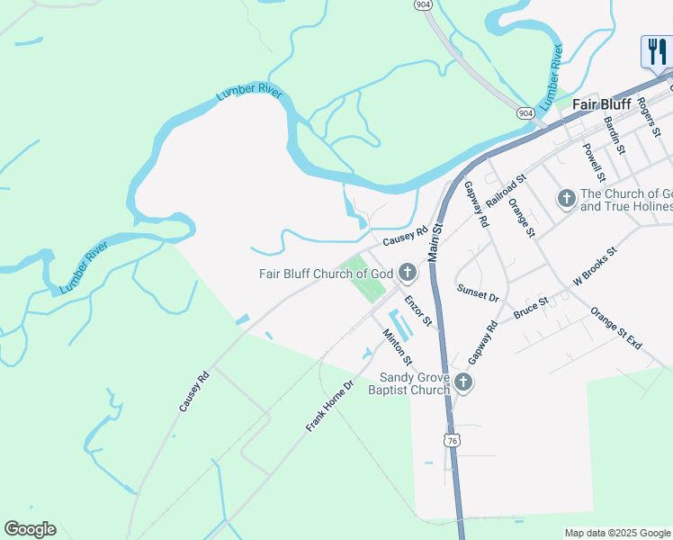 map of restaurants, bars, coffee shops, grocery stores, and more near 425 Causey Road in Fair Bluff