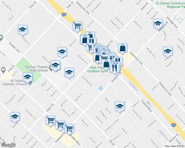map of restaurants, bars, coffee shops, grocery stores, and more near 13730 Foothill Boulevard in Los Angeles