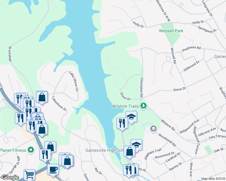 map of restaurants, bars, coffee shops, grocery stores, and more near 1119 Dixon Drive in Gainesville