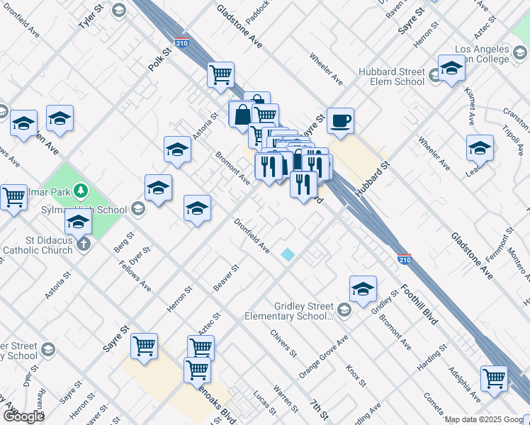map of restaurants, bars, coffee shops, grocery stores, and more near 13825 Beaver Street in Los Angeles