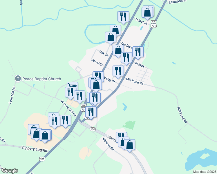 map of restaurants, bars, coffee shops, grocery stores, and more near 108 Radio Station Road in Whiteville
