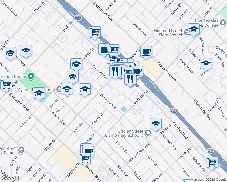 map of restaurants, bars, coffee shops, grocery stores, and more near 13825 Beaver Street in Los Angeles