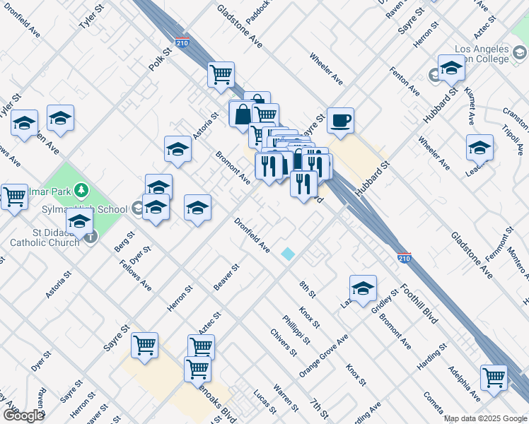 map of restaurants, bars, coffee shops, grocery stores, and more near 13825 Beaver Street in Los Angeles