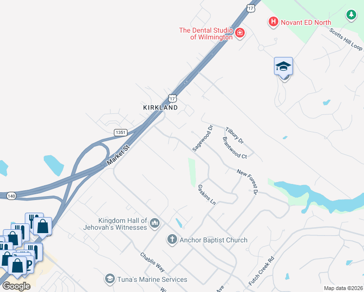 map of restaurants, bars, coffee shops, grocery stores, and more near 8915 Plantation Landing Drive in Wilmington