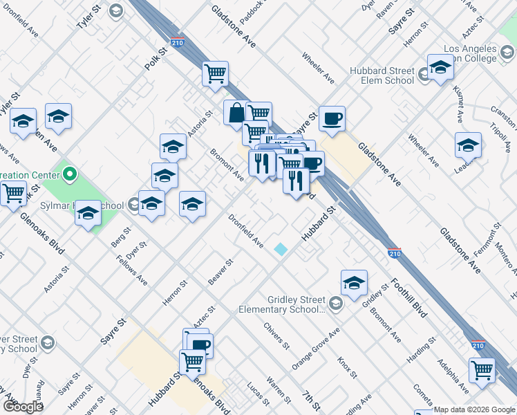 map of restaurants, bars, coffee shops, grocery stores, and more near 13788 A Foothill Boulevard in Los Angeles