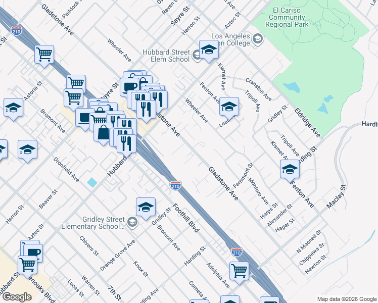 map of restaurants, bars, coffee shops, grocery stores, and more near 13079 Gladstone Avenue in Los Angeles