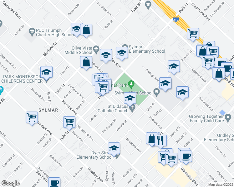 map of restaurants, bars, coffee shops, grocery stores, and more near 14440 Lyle Street in Los Angeles