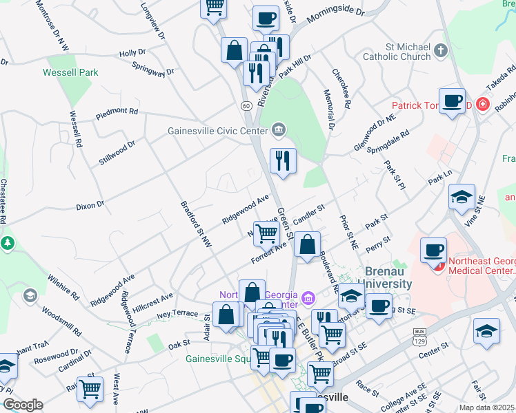 map of restaurants, bars, coffee shops, grocery stores, and more near 635 Green Street Northeast in Gainesville