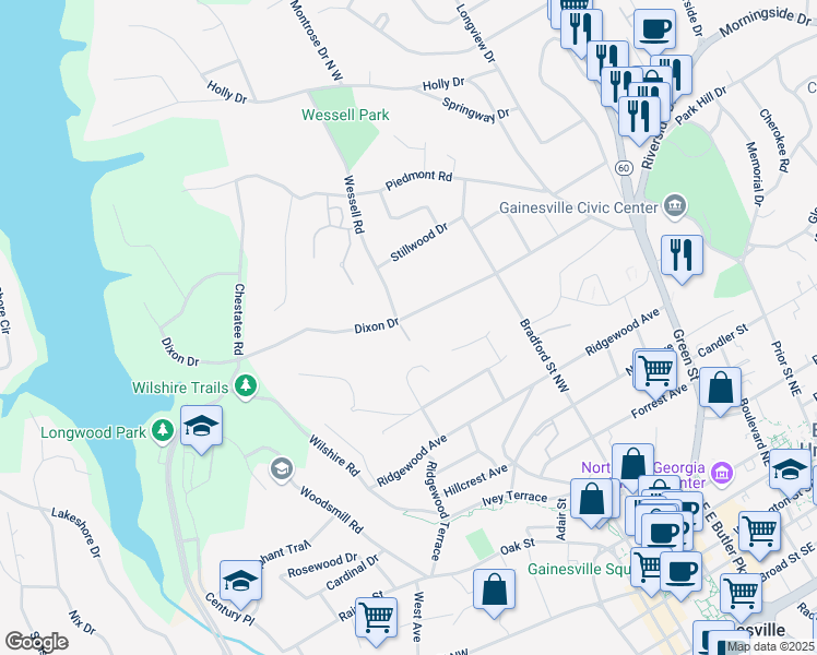 map of restaurants, bars, coffee shops, grocery stores, and more near 645 Dixon Drive in Gainesville