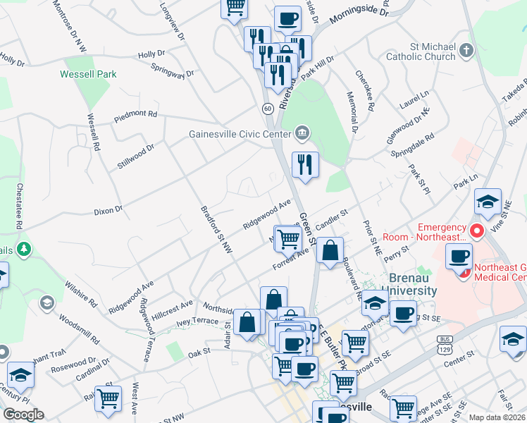 map of restaurants, bars, coffee shops, grocery stores, and more near 220 Ridgewood Avenue in Gainesville