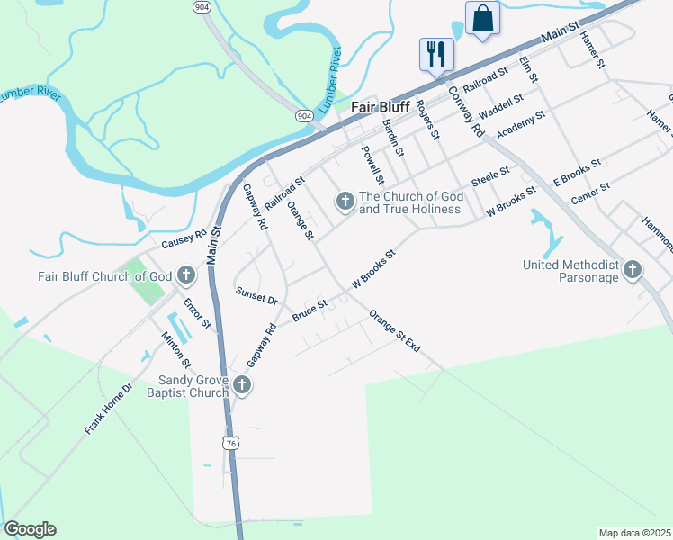 map of restaurants, bars, coffee shops, grocery stores, and more near 363 Orange Street in Fair Bluff