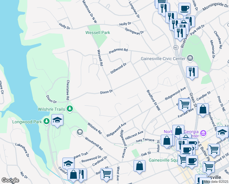 map of restaurants, bars, coffee shops, grocery stores, and more near 645 Dixon Drive in Gainesville