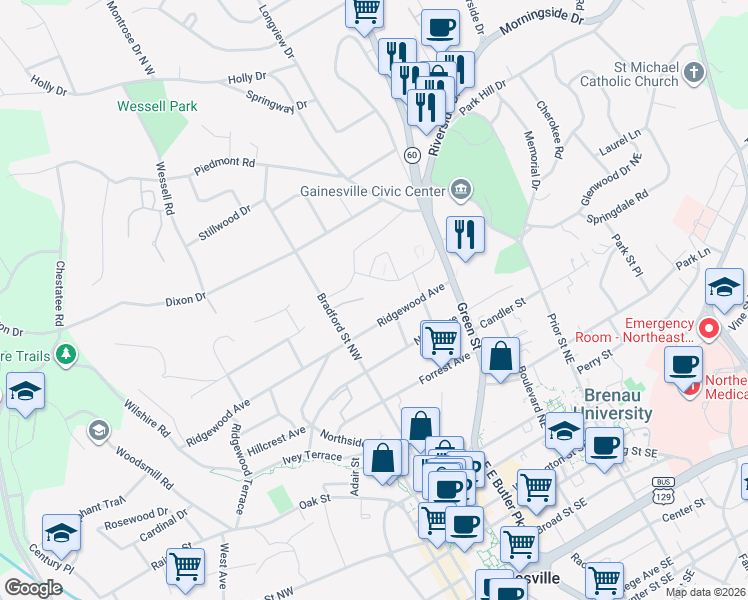 map of restaurants, bars, coffee shops, grocery stores, and more near 320 Ridgewood Avenue in Gainesville