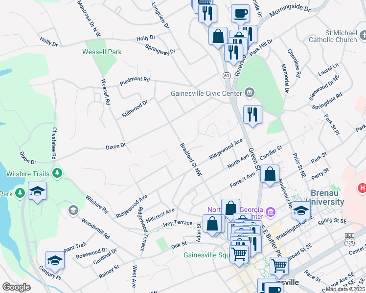map of restaurants, bars, coffee shops, grocery stores, and more near 775 Bradford Street Northwest in Gainesville