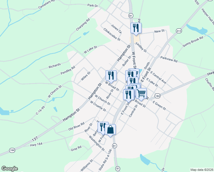 map of restaurants, bars, coffee shops, grocery stores, and more near 302 West Broad Street in Iva