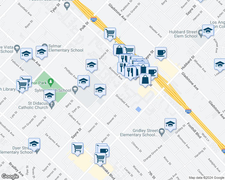 map of restaurants, bars, coffee shops, grocery stores, and more near 13050 Dronfield Avenue in Los Angeles