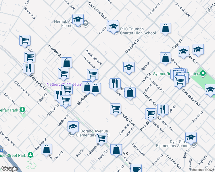 map of restaurants, bars, coffee shops, grocery stores, and more near 13121 Norris Avenue in Los Angeles