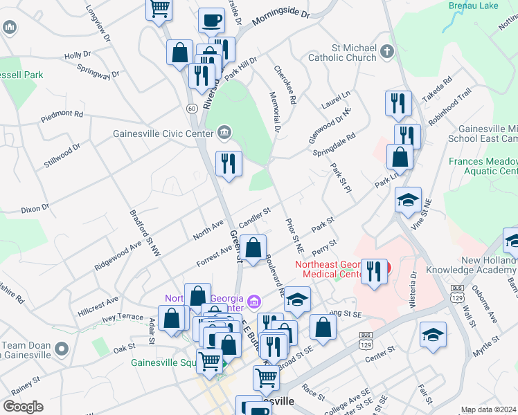 map of restaurants, bars, coffee shops, grocery stores, and more near 525 Candler St in Gainesville