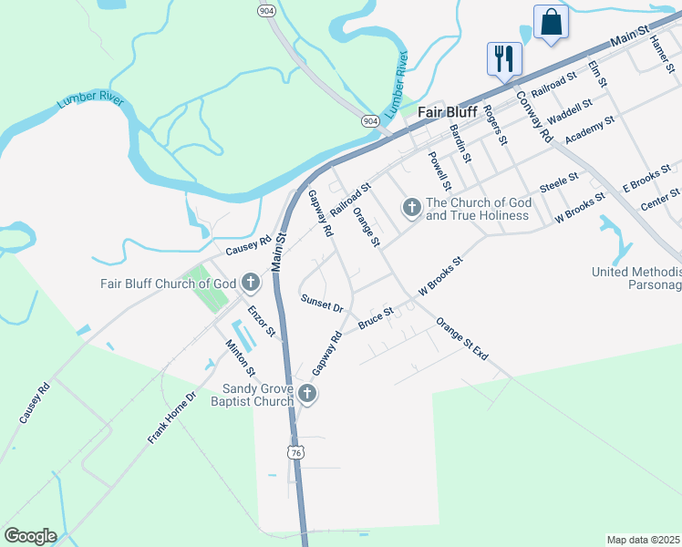map of restaurants, bars, coffee shops, grocery stores, and more near 260 Gapway Road in Fair Bluff
