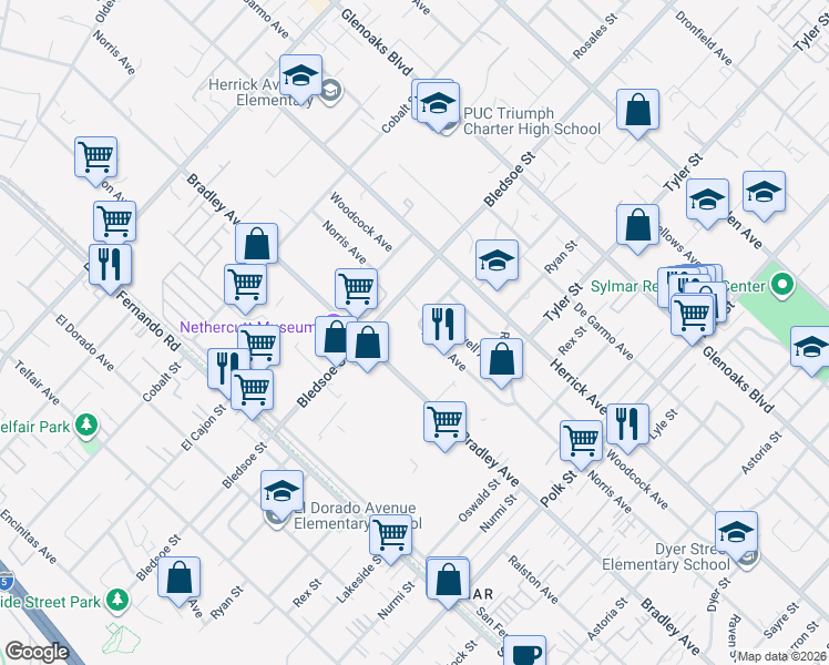 map of restaurants, bars, coffee shops, grocery stores, and more near 13121 Norris Avenue in Los Angeles