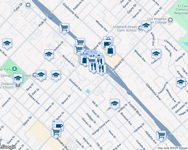 map of restaurants, bars, coffee shops, grocery stores, and more near 13700 Foothill Boulevard in Los Angeles