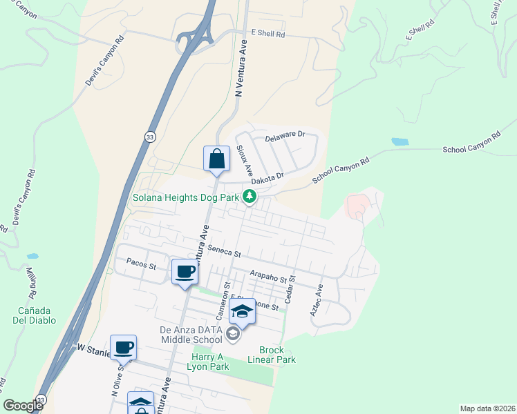 map of restaurants, bars, coffee shops, grocery stores, and more near 2711 Navajo Street in Ventura