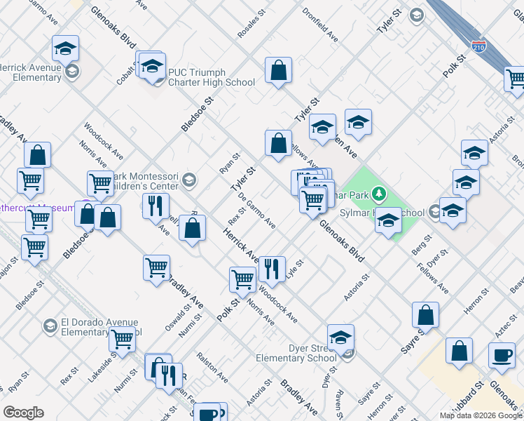 map of restaurants, bars, coffee shops, grocery stores, and more near 13091 De Garmo Avenue in Los Angeles
